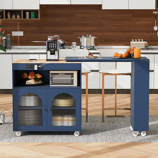 Rolling Kitchen Island with Extended Table and LED Lights,Power Outlets and 2 Fluted Glass Doors,Storage Compartment and Side 3 Open Shelves,for Kitchen (Navy Blue@r)