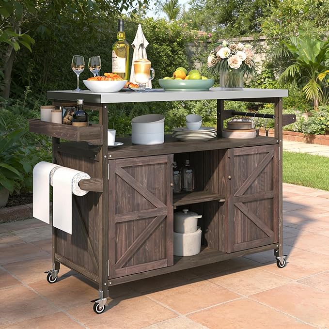 Bellemave Outdoor Kitchen Island with Stainless Steel Top, Rolling Bar Cart & Storage Cabinet, Outdoor Grill Cart with Spice & Towel Rack, Rolling Island Table for Kitchen & BBQ, Dark Brown