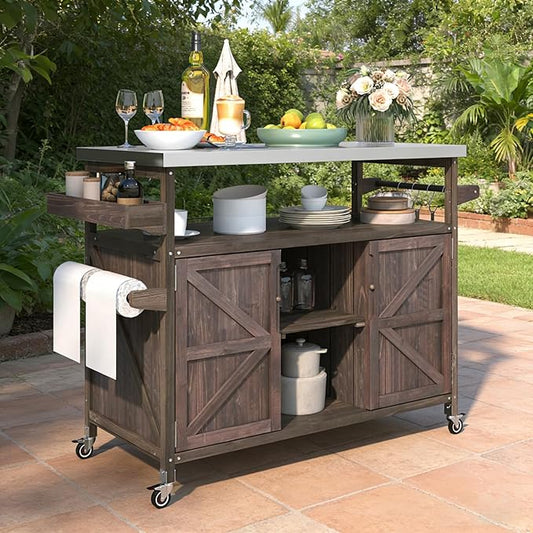 Bellemave Outdoor Kitchen Island with Stainless Steel Top, Rolling Bar Cart & Storage Cabinet, Outdoor Grill Cart with Spice & Towel Rack, Rolling Island Table for Kitchen & BBQ, Dark Brown