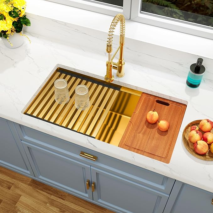 Gold Undermount Kitchen Sink 33 inch,Single Bowl Undermount Sink 16 gauge Stainless Steel,Workstation Kitchen Sinks with Gold Accessories (33" X 18")