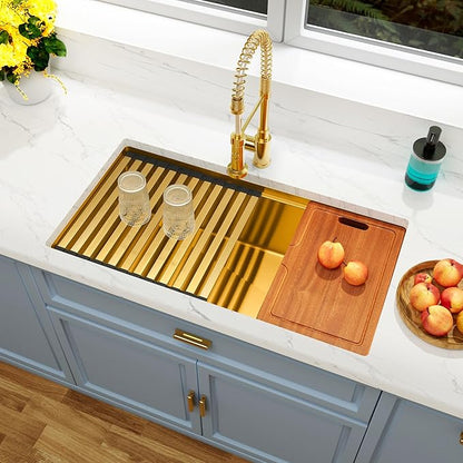 Gold Undermount Kitchen Sink 33 inch,Single Bowl Undermount Sink 16 gauge Stainless Steel,Workstation Kitchen Sinks with Gold Accessories (33" X 18")