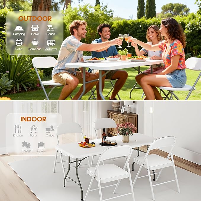 5ft Folding Table Heavy Duty 350 LBS Capacity Foldable Table with 18% Thicker HDPE Waterproof Top & Reinforced Steel Frame, Portable Fold-in-Half Table for Outdoor Indoor Party Wedding Camping