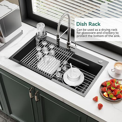 YITAHOME Drop In Kitchen Sink Workstation 30 Inch, Top mount Stainless Steel Nano Gunmetal Black Sink w/Glass Rinser, Cutting Board, Handmade Single Bowl Sink with Accessories 30 x 18 x 10in
