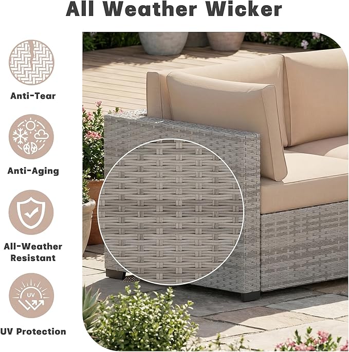 Patio Furniture Set, 7-Piece Outdoor Sectional Couch with Coffee Table & Thick Cushions, Outdoor Wicker Conversation Set for Backyard, Poolside, Garden (Grey White-Camel, 7 Piece-Single)