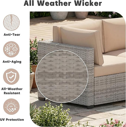 Patio Furniture Set, 7-Piece Outdoor Sectional Couch with Coffee Table & Thick Cushions, Outdoor Wicker Conversation Set for Backyard, Poolside, Garden (Grey White-Camel, 7 Piece-Single)
