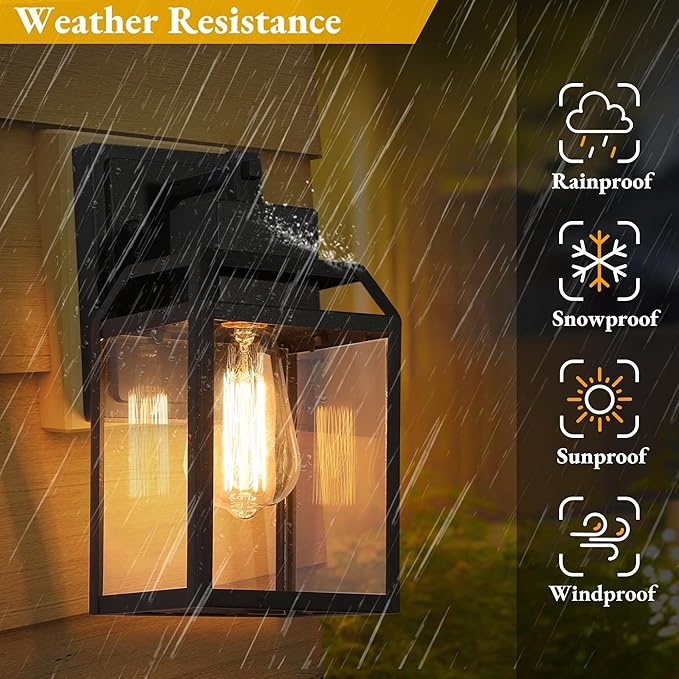 Black Outdoor Wall Lights, Farmhouse Exterior Wall Sconces Light Fixture with Clear Glass, Modern Square Waterproof Lanterns for Front Door, Entry, Porch, Patio, and Gazebo
