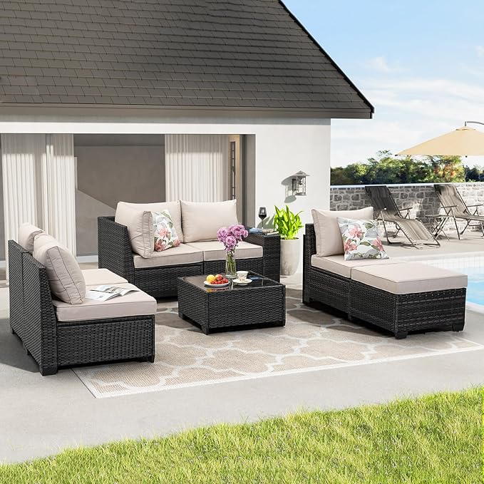 JOYURE 7 Pieces Patio Furniture Set All-Weather Outdoor Wicker Sectional Conversation Sofa Rattan Patio Seating Sofa with Cushion and Glass Table and Ottoman for Porch,Beige