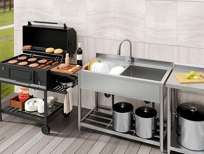 GGW 2-Compartment Commercial Sink, Stainless Steel Utility Sink with Pull-out Faucet, Free Standing Double Bowl Kitchen Sink for Restaurant, Garage, Shop, Cafe, Outoor, 21.7"D x 47.2"W x 37"H