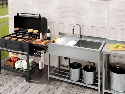 GGW 2-Compartment Commercial Sink, Stainless Steel Utility Sink with Pull-out Faucet, Free Standing Double Bowl Kitchen Sink for Restaurant, Garage, Shop, Cafe, Outoor, 21.7"D x 47.2"W x 37"H