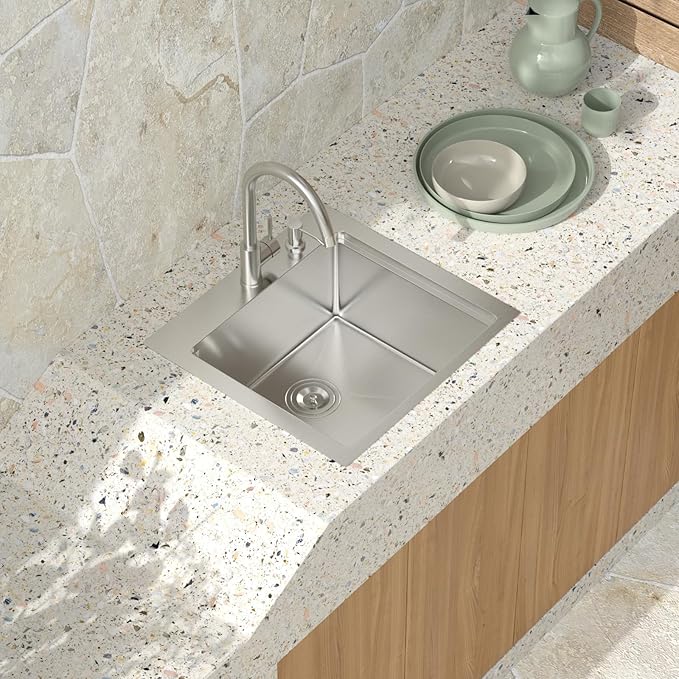 23 Inch Outdoor Kitchen Sink with Faucet - 23x20 Drop In Workstation 16 Gauge Stainless Steel Single Bowl Topmount Outdoor Wet Bar Sink with Stainless Steel Dust-Proof Cover #TLT-0064