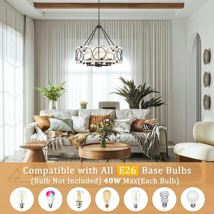 Rustic Farmhouse Chandelier 6 Light, Dining Room Light Fixtures Over Table, Hanging Farmhouse Light Fixture Round Chandelier for Kitchen Island Entryway Foyer Bedroom-Black & White Oak