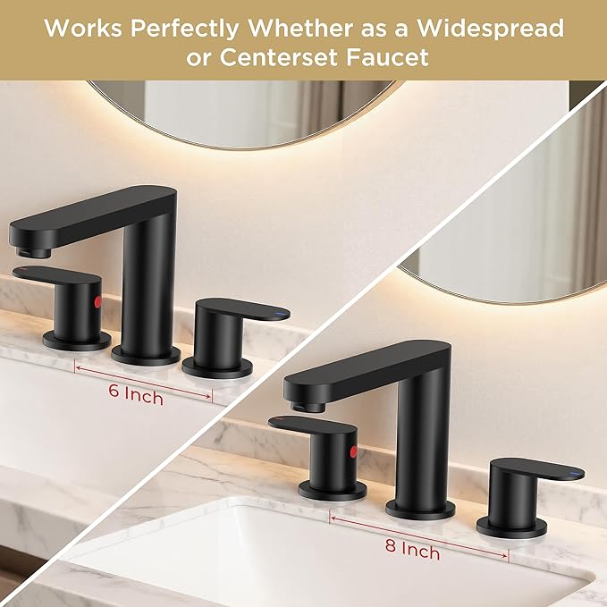 QFN Matte Black Bathroom Faucets 3 Hole, 8 inch Widespread Bathroom Faucet with Pop Up Drain and 24" cUPC Supply Hoses, Lead-Free Two Handles Suitable for 6-12 Inch RV, Restroom, Vanity Sink