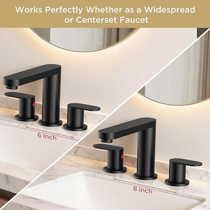 QFN Matte Black Bathroom Faucets 3 Hole, 8 inch Widespread Bathroom Faucet with Pop Up Drain and 24" cUPC Supply Hoses, Lead-Free Two Handles Suitable for 6-12 Inch RV, Restroom, Vanity Sink