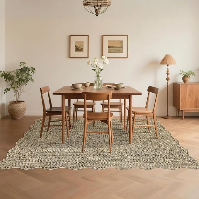 Imitation Braided Collection-Print Large Washable Rug 9x12 Non-Slip Area Rugs for Living Room, Natural Bordered Carpet, Stain Resistant Thin Foldable Floor Cover for Nursery Dining Room
