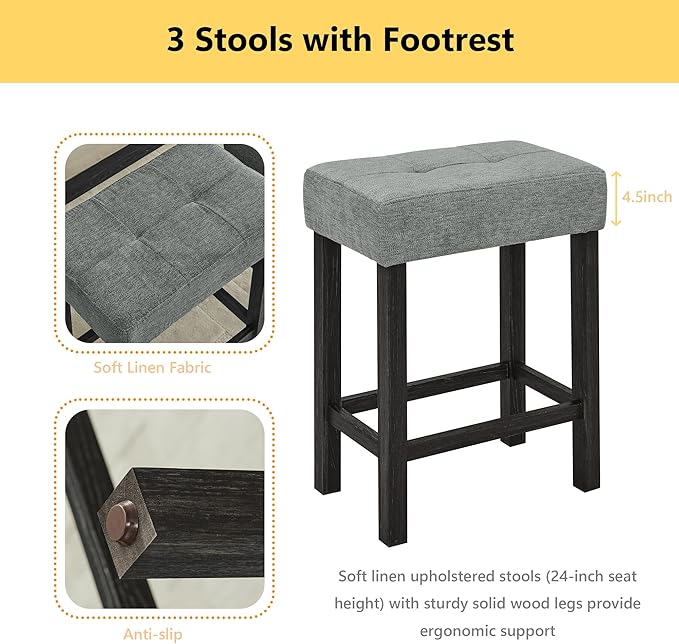 Merax 59" Bar Table Set with Power Outlet,Industrial Breakfast Table with 3 Upholstered Stools w/Footrest,4 Piece Counter Height Bar Table and Chair Set for Living Room,Dining Room,Kitchen,Black