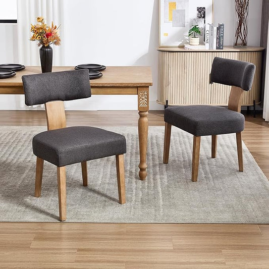 Mid Century Modern Dining Chairs, Upholstered Linen Fabric Chairs with Curved Backrest and Wood Legs, Comfy Kitchen Vanity Chairs for Dining Room/Living Room/Kitchen, Set of 2 Grey