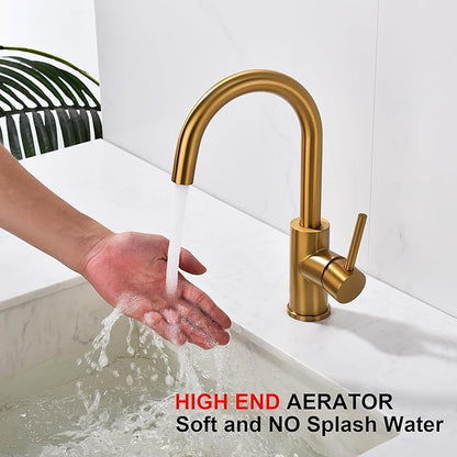Brass Bar Faucet Single Hole, Brushed Brass Kitchen Sink Faucets, Single Handle Brush Gold Modern Wet Bar Sink Faucets, Stainless Steel Mixer Basin Taps, WI608BTG