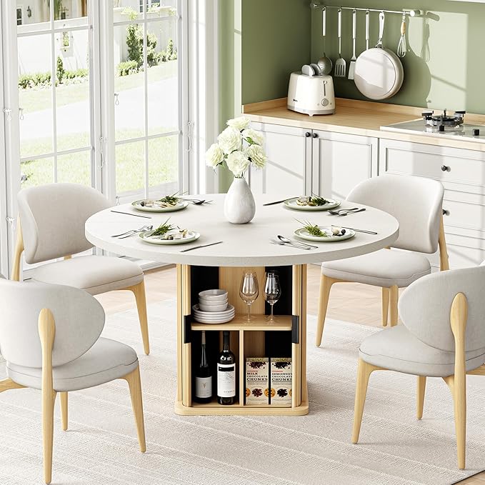 IRONCK 47 Inch Round Dining Table for 4, Modern Farmhouse Kitchen Table with Storage Shelf and Quartz Top, Circle Dinner Table with Wooden Base and Wood Slide Doors for Kitchen Dining Room, Oak