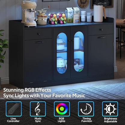 54" Farmhouse Sideboard Buffet Cabinet, Modern Credenza with LED Lights & Glass Doors, Black Credenza Storage & Kitchen Buffet with Countertop, 4 Doors 2 Shelves