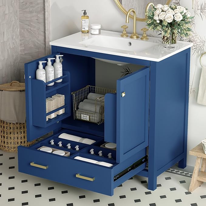 GDFStudio 30" Bathroom Vanity Sink Combo with 1 Drawers & 2 Soft Closing Doors Floor Mount Freestanding Wood Bathroom Storage Cabinet Set with Ceramic Basin Sink Top for Small Bathroom Space, Blue