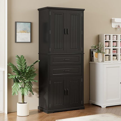 Merax 72.5" Tall Kitchen Pantry Storage Cabinet, Farmhouse Freestanding Large Cupboard with Two Drawers, Bathroom Cabinet with Adjustable Shelves, 6 Door-Shelf for Dining Room, Black