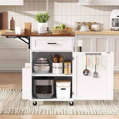 39.3" Farmhouse Kitchen Island with Drop Leaf and Open Side Rack, Small Kitchen Rolling Cart with Drawer and Storage Cabinet, Mobile Dining Table with Lockable Wheels and Towel Rack for Garden White