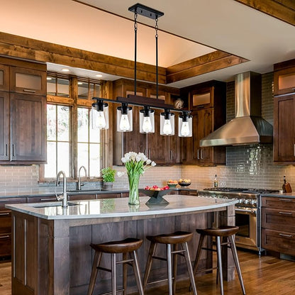 Dining Room Light Fixture Over Table Above Farmhouse Kitchen Island Lighting,Matte Black Rustic Rectangular Linear Chandelier Wood Pendant 5-Light Ceiling Hanging with Glass Shade for Bar Restaurant
