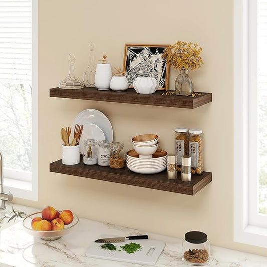 Acovy 30 Inch Floating Shelves, 9.3" Deep Floating Shelf Wall Mounted, 30" Wall Shelves, Rustic Deep Bookshelf, Large Display Shelves & Storage Shelves for Bedroom, Living Room, Walnut, Set of 2