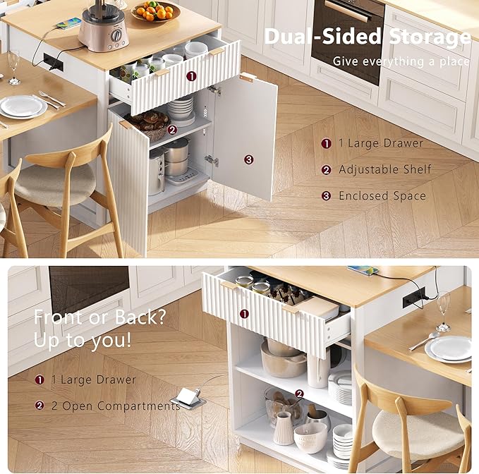JIJIWANG 82.6" Fluted Kitchen Island with Extendable Dining Table for 4-6, Island Table for Kitchen with Power Outlet, Kitchen Table with Double-Side Storage, 2 Drawers 2 Side Open Shelves, White