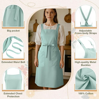 100% Cotton Aprons with Pockets Pinafore Dress for Women Vintage Cute Aprons for Kitchen Baking Gardening Painting