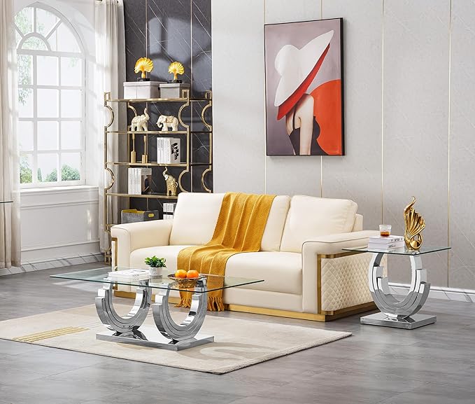 Glass Living Room Table Set of 2, Modern Glass Coffee Table with 1 End Tables Set for Apartment, Luxury Coffee Table Sets Perfect for Living Room, Stainless Steel Frame