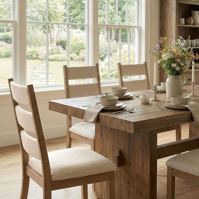 Beige Dining Chairs Set of 4, French Country Upholstered Chenille Ladder High Back Dining Room Kitchen Side Chairs with Brown Legs/Non-Slip Foot Mats