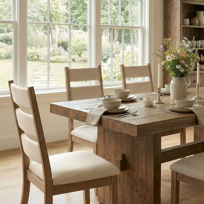 Beige Dining Chairs Set of 4, French Country Upholstered Chenille Ladder High Back Dining Room Kitchen Side Chairs with Brown Legs/Non-Slip Foot Mats
