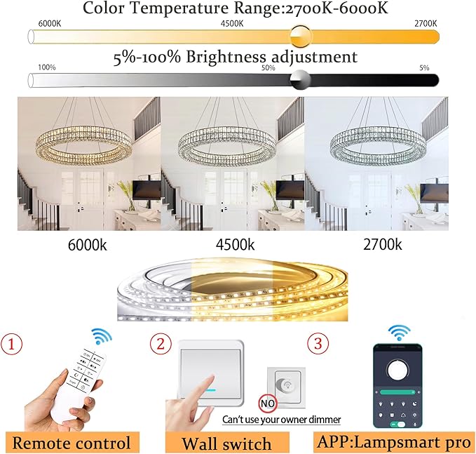 Modern Led Ring Chandelier Dimmable Crystal Chandelier for Living Room Dining Room 32 inch Black Adjustable Ring Pendant Light
