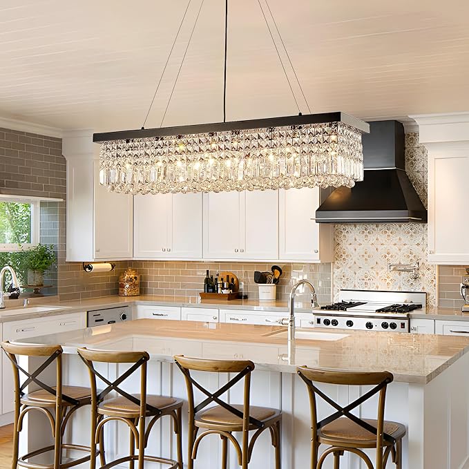 Modern Crystal Chandelier for Dining Room, 8-Light Black Rectangle Pendant Ceiling Light Fixture for Kitchen Island Bar, L40 x W10 x H10