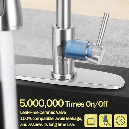 Herogo Brushed Nickel Kitchen Sink Faucet Set with Pull Down Sprayer and Soap Dispenser, Stainless Steel Rv Outdoor Kitchen Faucet for 1-3 Hole with Pop Up Drain, Deck Plate and Supply