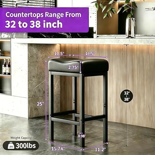 Monhey 24 Inch Bar Stools Set of 2 - Counter Height Bar Stools with Soft Leather Seat, 300LB Heavy Duty Backless Padded Barstool Chair Easy Assembly for Modern Kitchen Island Counter (Black)