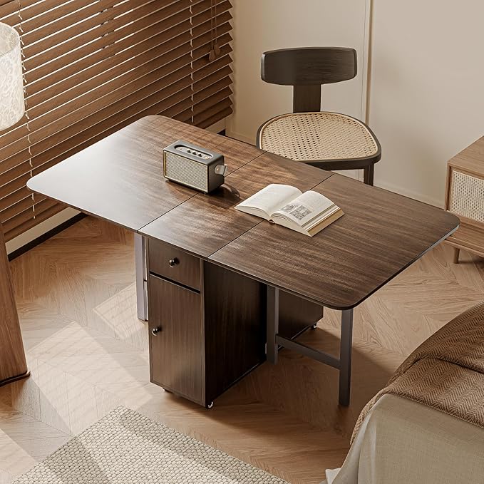 No Assembly Required Foldable Dining Table, Space Saving Extendable Kitchen Island with Drop Leaves for 2-6 People, Collapsible Craft Table with Movable Swivel Wheels for Small Spaces, Walnut