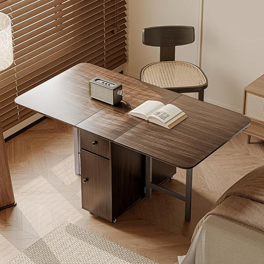 No Assembly Required Foldable Dining Table, Space Saving Extendable Kitchen Island with Drop Leaves for 2-6 People, Collapsible Craft Table with Movable Swivel Wheels for Small Spaces, Walnut