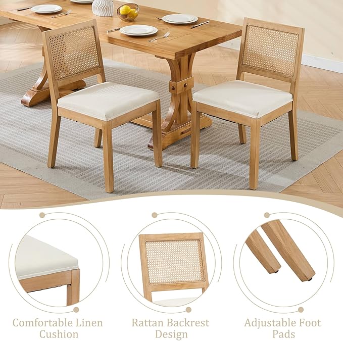 Modern Wooden Dining Chair Set of 6, Farmhouse Kitchen & Dining Room Chair with Solid Wood Legs, Rattan Upholstered Kitchen Chairs for Restaurant/Living Room (Beige, Set of 6)
