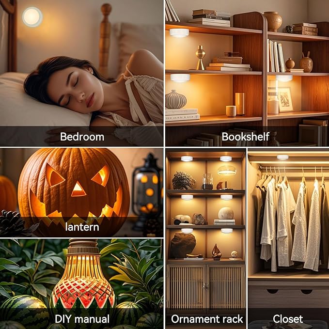 LED Puck Lights with Remote, 13-Color Under Cabinet Lighting Wireless, Battery Operated Stick-On Lights, Dimmable Push Light for Closet/Shelf/Wall (Black-3 Pack)