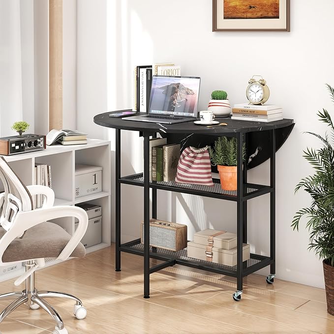 Giantex 40" Folding Dining Table with Lockable Wheels, Storage Shelves, Space-Saving Drop Leaf, Movable & Expandable Round Kitchen Table for Dinette Small Place Apartment Living Room (Black)