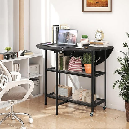 Giantex 40" Folding Dining Table with Lockable Wheels, Storage Shelves, Space-Saving Drop Leaf, Movable & Expandable Round Kitchen Table for Dinette Small Place Apartment Living Room (Black)