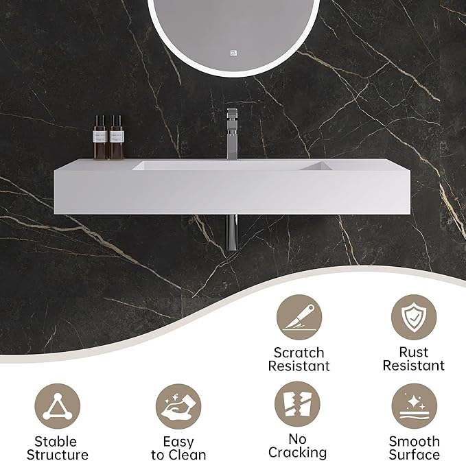 42" x 18" Wall Mount Sink, Stone Resin Rectangular Bathroom Sink, Modern Floating Vessel Sinks for Vanity, Art Basin Trough, Durable and Stylish Bathroom Sinks for Modern Homes, White