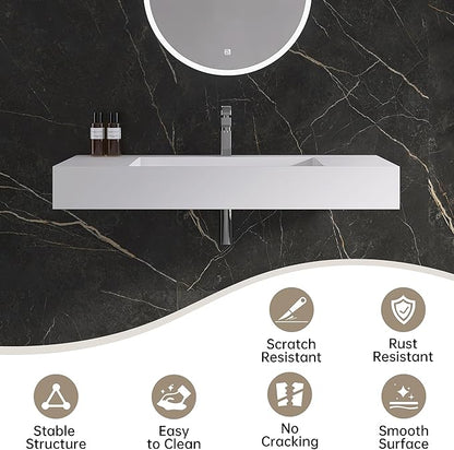42" x 18" Wall Mount Sink, Stone Resin Rectangular Bathroom Sink, Modern Floating Vessel Sinks for Vanity, Art Basin Trough, Durable and Stylish Bathroom Sinks for Modern Homes, White