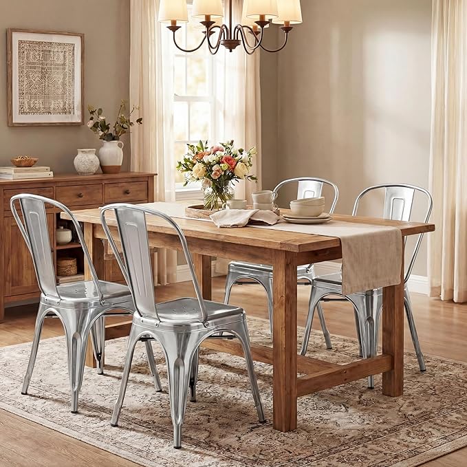 Shahoo Metal Dining Chairs Classic Iron Stackable Industrial Vintage Trattoria with Back, Indoor-Outdoor Side Settee for Home Bistro Cafe Kitchen Restaurant Set of 4, Sliver