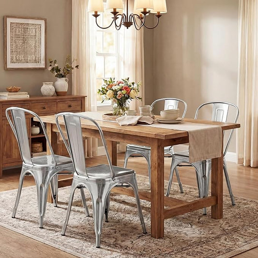 Shahoo Metal Dining Chairs Classic Iron Stackable Industrial Vintage Trattoria with Back, Indoor-Outdoor Side Settee for Home Bistro Cafe Kitchen Restaurant Set of 4, Sliver