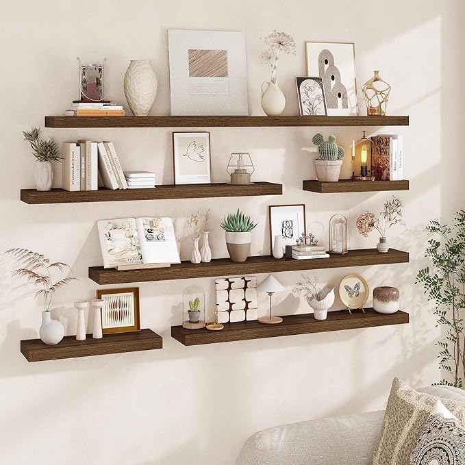Fun Memories 66 Inch Fireplace Mantel - Long Floating Shelf, Wall Mounted Farmhouse Display with Invisible Heavy Duty Metal Bracket, Walnut, 2 Pack