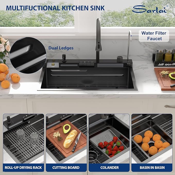 Sarlai Waterfall Kitchen Sink - 30 Inch Drop In Workstation Sink With Waterfall Black Stainless Steel 16 Gauge Multifunction Single Bowl Smart Top Mount Kitchen Sinks with Mechanical Keys 30x19 Inch