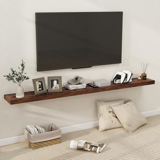 Fun Memories 72 Inch Floating Shelves for Wall, Fireplace Mantel Shelf with Invisible Heavy Duty Bracket, 8 Inch Deep Storage Shelf for Living Room, Kitchen, Farmhouse, Brown